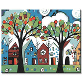 Painting by Numbers Art Trees in Front of Colorful Houses